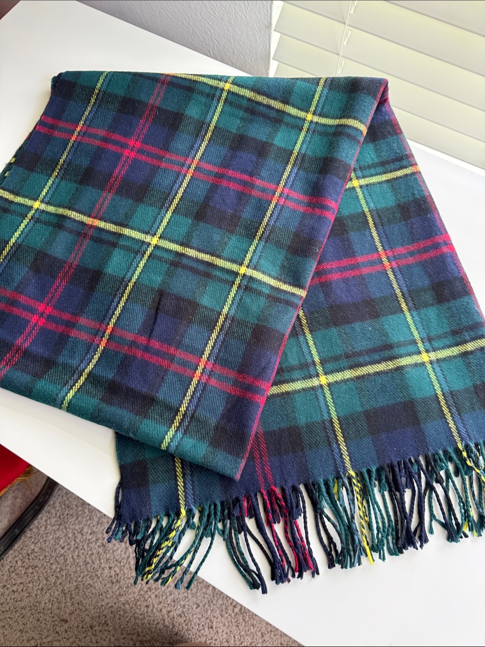 Tartan Plaid Fringe Scarf - Green, Navy, Yellow & Red